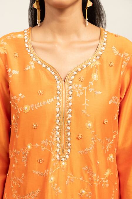 Shop Shetab Kazmi Orange Chanderi, Cotton, Viscose Embroidery Round Neck Aari Kurta Pant Set Online at Aza Fashions Shop_Shetab Kazmi_Orange Chanderi, Cotton, Viscose Embroidery Round Neck Aari Kurta Pant Set _Online_at_Aza_Fashions