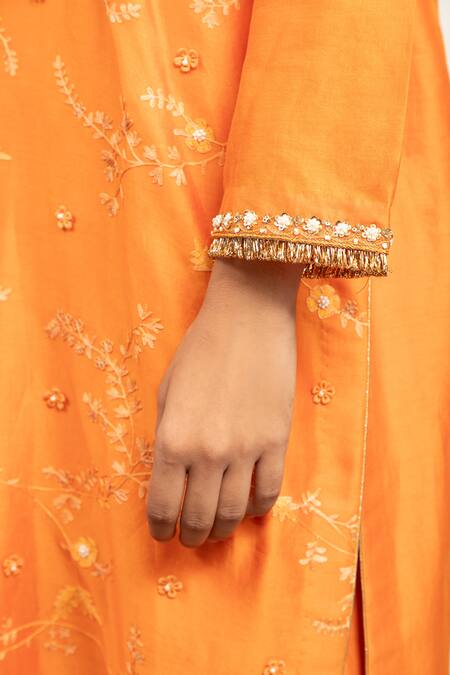 Shetab Kazmi Orange Chanderi, Cotton, Viscose Embroidery Round Neck Aari Kurta Pant Set at Aza Fashions Shetab Kazmi_Orange Chanderi, Cotton, Viscose Embroidery Round Neck Aari Kurta Pant Set _at_Aza_Fashions