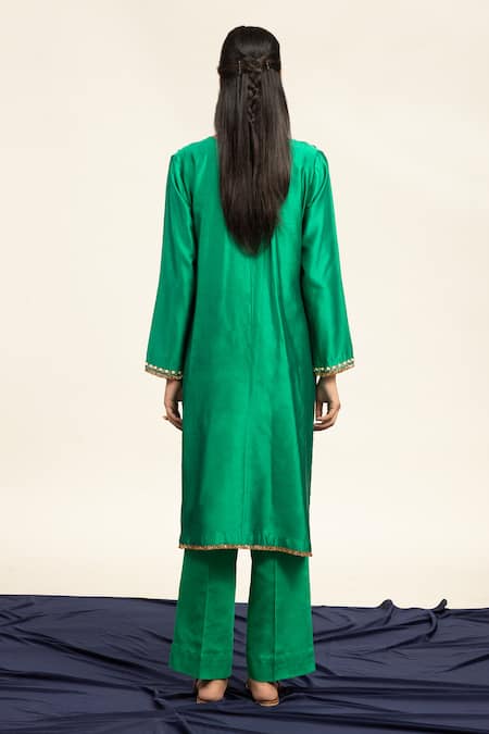 Shop Shetab Kazmi Green Chanderi, Cotton, Viscose Embroidery Asymmetric Aari Work Kurta Pant Set at Aza Fashions Shop_Shetab Kazmi_Green Chanderi, Cotton, Viscose Embroidery Asymmetric Aari Work Kurta Pant Set _at_Aza_Fashions