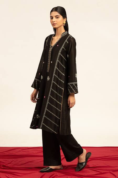 Buy Shetab Kazmi Black Chanderi, Linen, Cotton, Viscose Pearls, Side Panelled Kurta Pant Set Online at Aza Fashions Buy_Shetab Kazmi_Black Chanderi, Linen, Cotton, Viscose Pearls, Side Panelled Kurta Pant Set _Online_at_Aza_Fashions
