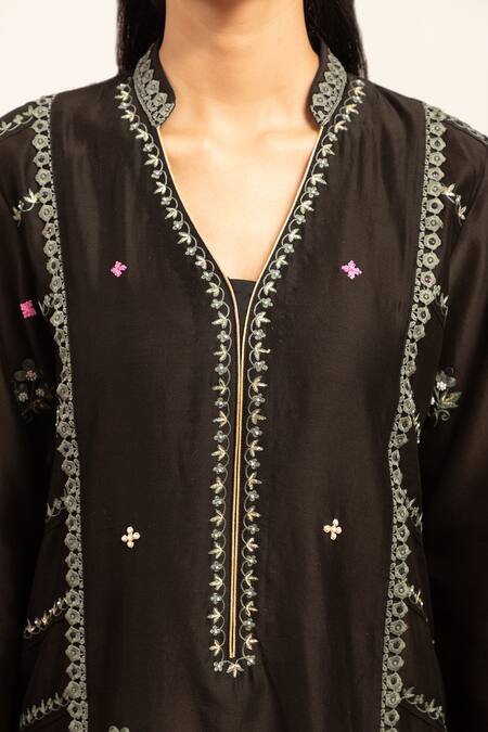 Shop Shetab Kazmi Black Chanderi, Linen, Cotton, Viscose Pearls, Side Panelled Kurta Pant Set Online at Aza Fashions Shop_Shetab Kazmi_Black Chanderi, Linen, Cotton, Viscose Pearls, Side Panelled Kurta Pant Set _Online_at_Aza_Fashions