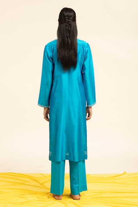 Shop Shetab Kazmi Blue Chanderi, Cotton, Viscose Pearls, Sequins, Embroidery Aari Kurta Pant Set at Aza Fashions Shop_Shetab Kazmi_Blue Chanderi, Cotton, Viscose Pearls, Sequins, Embroidery Aari Kurta Pant Set _at_Aza_Fashions