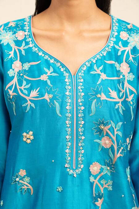 Shetab Kazmi Blue Chanderi, Cotton, Viscose Pearls, Sequins, Embroidery Aari Kurta Pant Set Online at Aza Fashions Shetab Kazmi_Blue Chanderi, Cotton, Viscose Pearls, Sequins, Embroidery Aari Kurta Pant Set _Online_at_Aza_Fashions