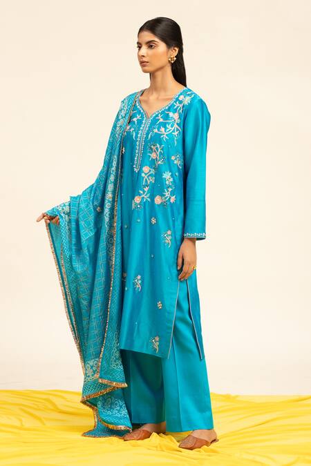 Buy Shetab Kazmi Blue Chanderi, Cotton, Viscose Pearls, Sequins, Embroidery Aari Kurta Pant Set Online at Aza Fashions Buy_Shetab Kazmi_Blue Chanderi, Cotton, Viscose Pearls, Sequins, Embroidery Aari Kurta Pant Set _Online_at_Aza_Fashions