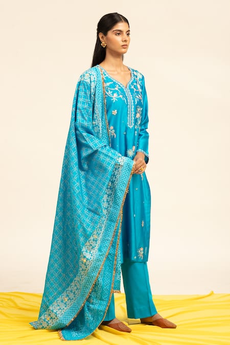 Shop Shetab Kazmi Blue Chanderi, Cotton, Viscose Pearls, Sequins, Embroidery Aari Kurta Pant Set Online at Aza Fashions Shop_Shetab Kazmi_Blue Chanderi, Cotton, Viscose Pearls, Sequins, Embroidery Aari Kurta Pant Set _Online_at_Aza_Fashions