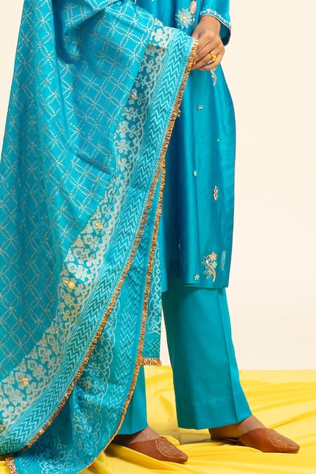 Shetab Kazmi Blue Chanderi, Cotton, Viscose Pearls, Sequins, Embroidery Aari Kurta Pant Set at Aza Fashions Shetab Kazmi_Blue Chanderi, Cotton, Viscose Pearls, Sequins, Embroidery Aari Kurta Pant Set _at_Aza_Fashions