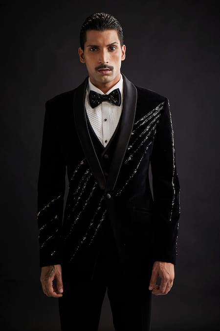 Sarab Khanijou Black Velvet Embellished Tuxedo Set 