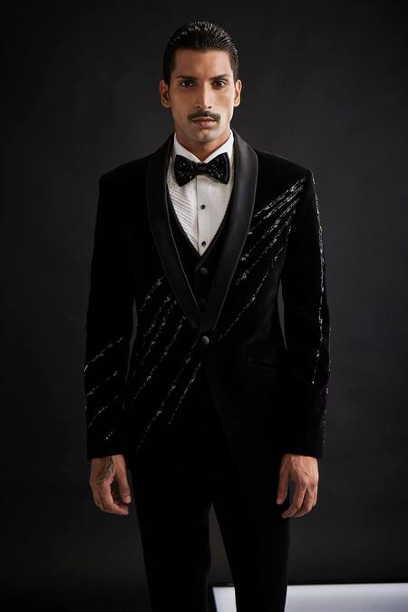 Sarab Khanijou Black Velvet Embellished Metallic Beads Tuxedo Set Online at Aza Fashions Sarab Khanijou_Black Velvet Embellished Metallic Beads Tuxedo Set _Online_at_Aza_Fashions