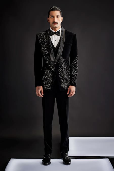 Sarab Khanijou Black Velvet Embellished Tuxedo Set 