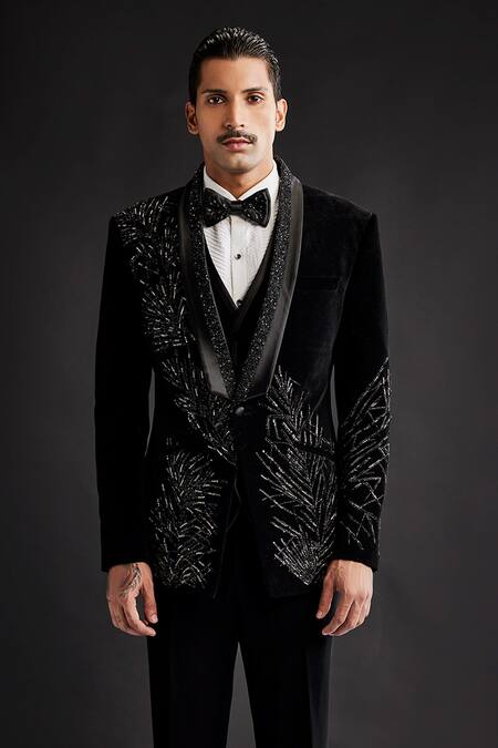 Sarab Khanijou Black Velvet Embellished Metallic Crystal Tuxedo Set Online at Aza Fashions Sarab Khanijou_Black Velvet Embellished Metallic Crystal Tuxedo Set _Online_at_Aza_Fashions