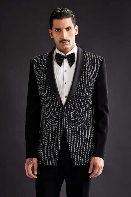 Sarab Khanijou_Black Sandwash Embellished Sequin Maze Tuxedo And Pant Set _Online_at_Aza_Fashions