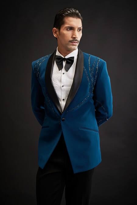 Sarab Khanijou_Blue Sandwash Embellished Astral Sequin Tuxedo And Pant Set _Online_at_Aza_Fashions