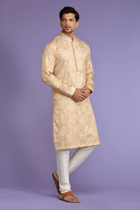 Buy_Kora By Nilesh Mitesh_Orange Silk Embroidered Thread And Sequin Work Floral Kurta Set_Online_at_Aza_Fashions