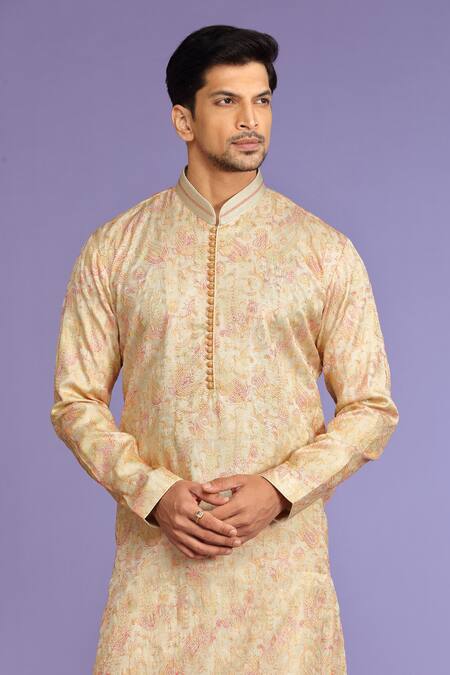 Shop_Kora By Nilesh Mitesh_Orange Silk Embroidered Thread And Sequin Work Floral Kurta Set_Online_at_Aza_Fashions