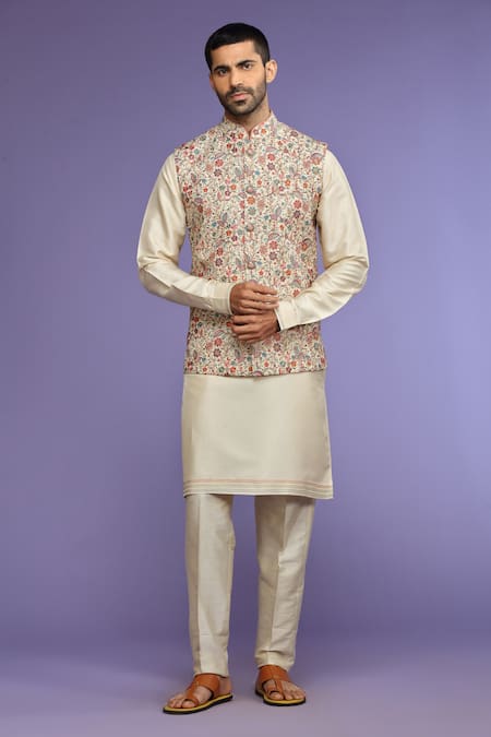 Kora By Nilesh Mitesh Cream Silk Embroidery Thread Garden Bundi And Kurta Set