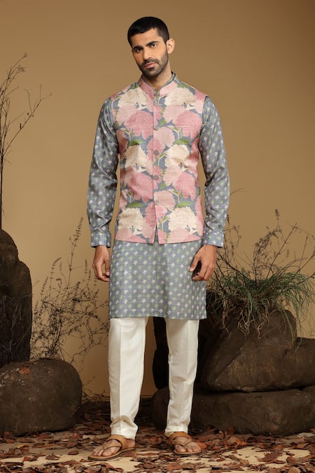 Kora By Nilesh Mitesh Silk Flower Print Bundi & Kurta Set 