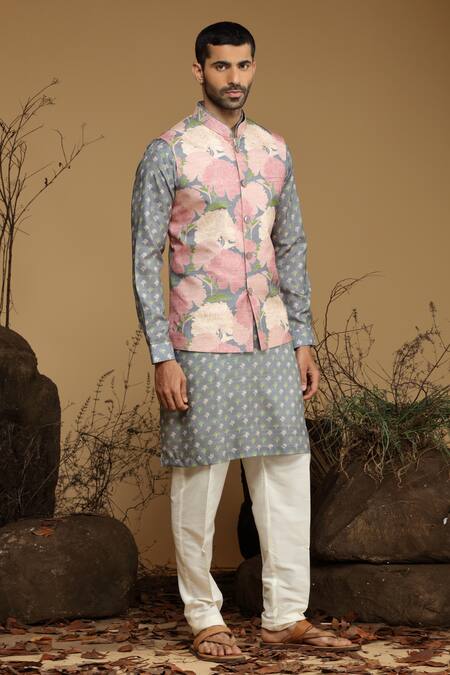 Kora By Nilesh Mitesh_Gray Silk Embroidery Flower Print Bundi And Kurta Set_Online_at_Aza_Fashions