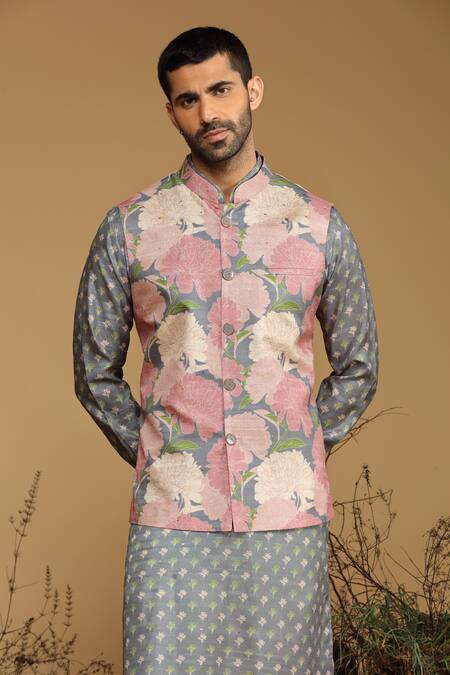 Shop_Kora By Nilesh Mitesh_Gray Silk Embroidery Flower Print Bundi And Kurta Set_Online_at_Aza_Fashions
