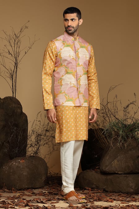 Kora By Nilesh Mitesh Yellow Silk Printed Flower Botanical Bundi And Kurta Set 