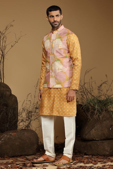 Kora By Nilesh Mitesh_Yellow Silk Floral Print Bundi And Kurta Set_Online_at_Aza_Fashions