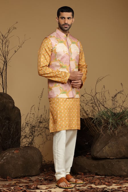 Buy_Kora By Nilesh Mitesh_Yellow Silk Floral Print Bundi And Kurta Set_Online_at_Aza_Fashions