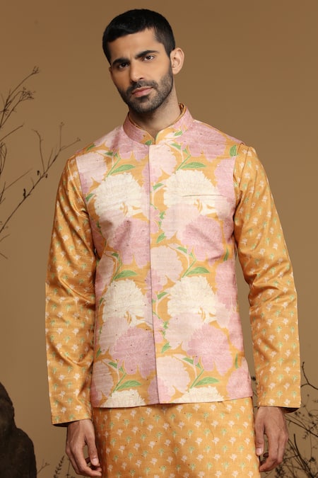 Shop_Kora By Nilesh Mitesh_Yellow Silk Floral Print Bundi And Kurta Set_Online_at_Aza_Fashions