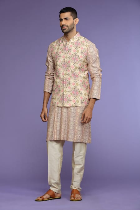 Kora By Nilesh Mitesh Purple Silk Printed Flower Geometric Bundi And Kurta Set 