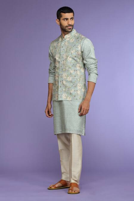 Kora By Nilesh Mitesh_Gray Silk Garden Print Bundi And Kurta Set_Online_at_Aza_Fashions