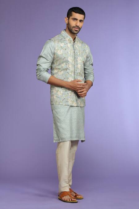 Buy_Kora By Nilesh Mitesh_Gray Silk Garden Print Bundi And Kurta Set_Online_at_Aza_Fashions