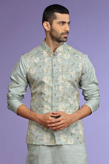 Shop_Kora By Nilesh Mitesh_Gray Silk Garden Print Bundi And Kurta Set_Online_at_Aza_Fashions