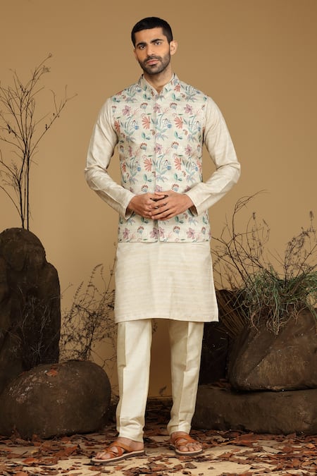 Kora By Nilesh Mitesh Silk Blossom Print Bundi & Kurta Set 