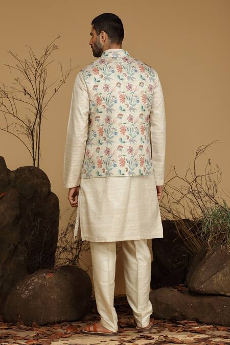 Shop_Kora By Nilesh Mitesh_Beige Silk Embroidery Blossom Print Bundi And Kurta Set_at_Aza_Fashions