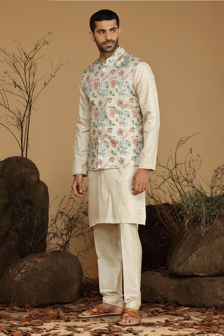 Kora By Nilesh Mitesh_Beige Silk Embroidery Blossom Print Bundi And Kurta Set_Online_at_Aza_Fashions