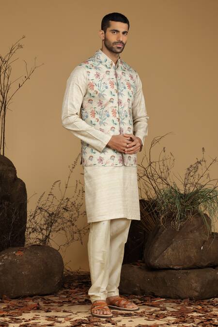 Buy_Kora By Nilesh Mitesh_Beige Silk Embroidery Blossom Print Bundi And Kurta Set_Online_at_Aza_Fashions