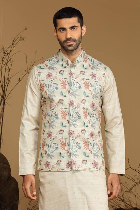 Shop_Kora By Nilesh Mitesh_Beige Silk Embroidery Blossom Print Bundi And Kurta Set_Online_at_Aza_Fashions