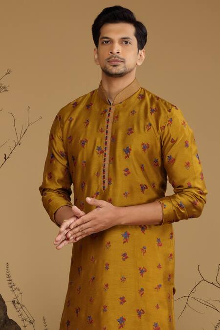 Kora By Nilesh Mitesh_Yellow Silk Embroidered Floral Work Kurta And Churidar Set_Online_at_Aza_Fashions