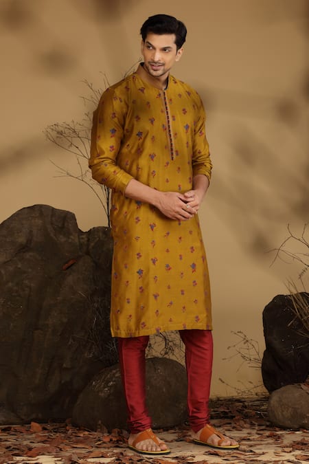 Buy_Kora By Nilesh Mitesh_Yellow Silk Embroidered Floral Work Kurta And Churidar Set_Online_at_Aza_Fashions