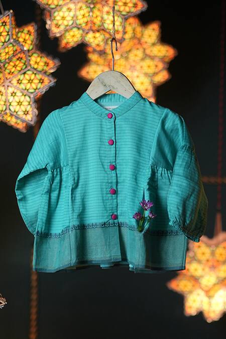 Love The World Today_Blue Cotton, Silk Stripe Pattern Puffed Sleeves Top _Online_at_Aza_Fashions