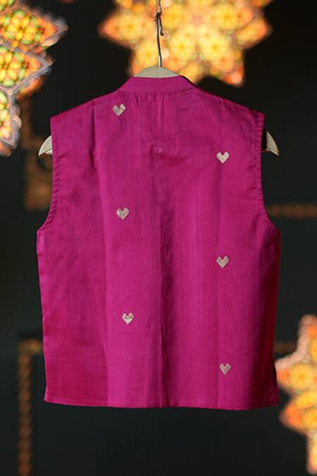 Shop Love The World Today Pink Cotton, Silk Embroidery Sleeveless Heart Woven Nehru Jacket at Aza Fashions Shop_Love The World Today_Pink Cotton, Silk Embroidery Sleeveless Heart Woven Nehru Jacket_at_Aza_Fashions
