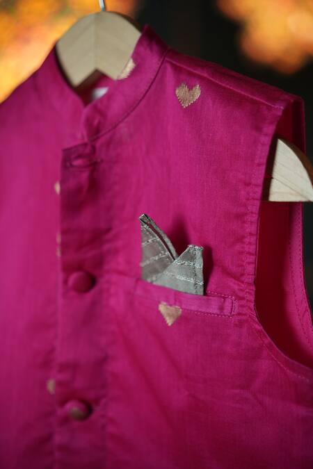 Love The World Today Pink Cotton, Silk Embroidery Sleeveless Heart Woven Nehru Jacket Online at Aza Fashions Love The World Today_Pink Cotton, Silk Embroidery Sleeveless Heart Woven Nehru Jacket_Online_at_Aza_Fashions