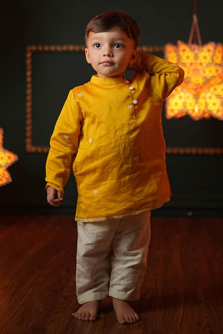 Love The World Today Yellow Heart Woven Short Kurta For Boys 