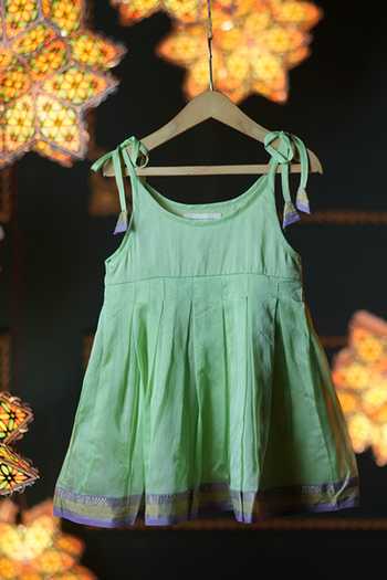 Love The World Today_Green Cotton, Silk Sadabahar Pleated Dress_Online_at_Aza_Fashions