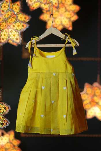 Love The World Today_Yellow Handloom Cotton, Silk Embroidery Handwoven Dress_Online_at_Aza_Fashions