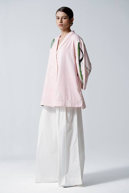 OFRIDA Pink Cotton, Linen Embroidery Shawl Neck Blooming Printed Jacket And Pant Set Online at Aza Fashions OFRIDA_Pink Cotton, Linen Embroidery Shawl Neck Blooming Printed Jacket And Pant Set _Online_at_Aza_Fashions