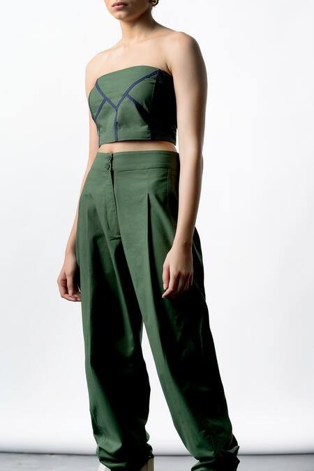 OFRIDA_Green Cotton, Linen Embroidery Round Neck Leaflet Crop Top And Pant Set_Online_at_Aza_Fashions