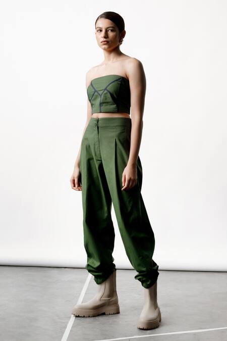 Buy_OFRIDA_Green Cotton, Linen Embroidery Round Neck Leaflet Crop Top And Pant Set_Online_at_Aza_Fashions