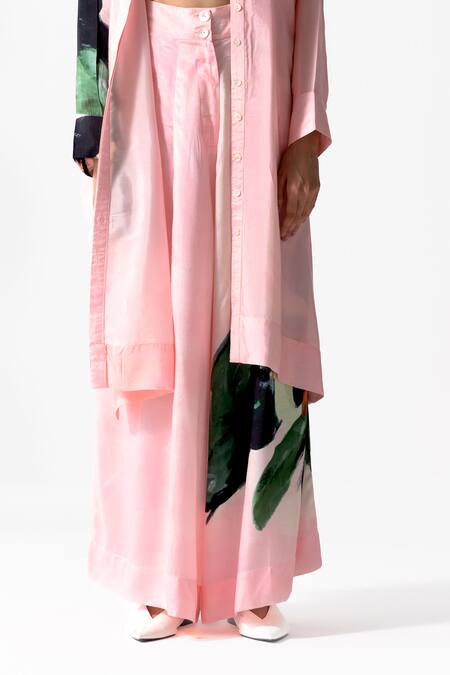 OFRIDA Pink Cotton, Silk Mandarin Collar Budding Bloom Print Tunic With Flared Pant Online at Aza Fashions OFRIDA_Pink Cotton, Silk Mandarin Collar Budding Bloom Print Tunic With Flared Pant_Online_at_Aza_Fashions
