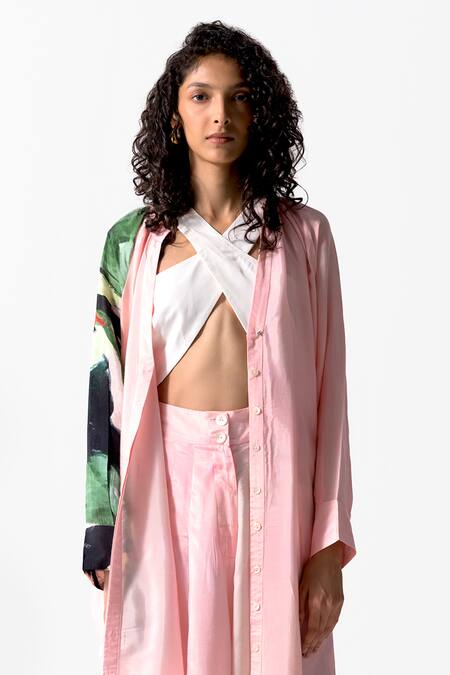 Buy OFRIDA Pink Cotton, Silk Mandarin Collar Budding Bloom Print Tunic With Flared Pant Online at Aza Fashions Buy_OFRIDA_Pink Cotton, Silk Mandarin Collar Budding Bloom Print Tunic With Flared Pant_Online_at_Aza_Fashions