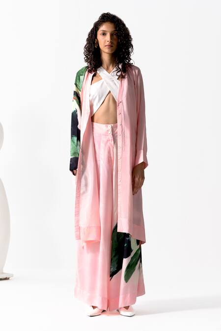 Shop OFRIDA Pink Cotton, Silk Mandarin Collar Budding Bloom Print Tunic With Flared Pant Online at Aza Fashions Shop_OFRIDA_Pink Cotton, Silk Mandarin Collar Budding Bloom Print Tunic With Flared Pant_Online_at_Aza_Fashions