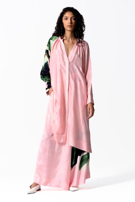 OFRIDA Pink Cotton, Silk Mandarin Collar Budding Bloom Print Tunic With Flared Pant at Aza Fashions OFRIDA_Pink Cotton, Silk Mandarin Collar Budding Bloom Print Tunic With Flared Pant_at_Aza_Fashions